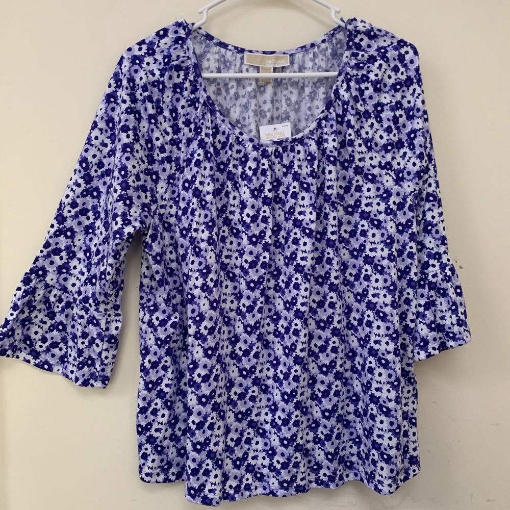 💟 Michael Kors Size Large Flower Print Purple and White Top NWT